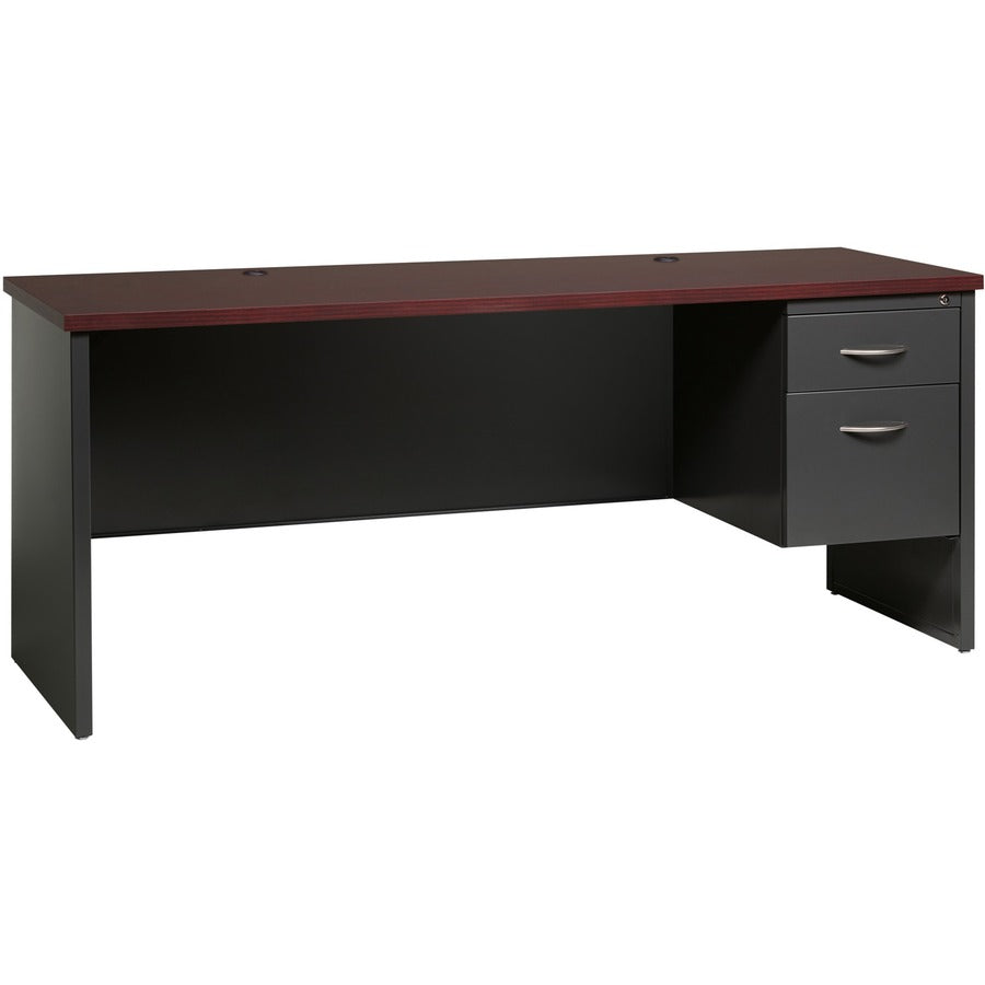Lorell Fortress Modular Series Right-pedestal Credenza - 72" Width x 24" Depth, x 1.1" Thickness Top - Total Drawer(s): 2 - Single Pedestal on Right Side - Material: Steel - Finish: Mahogany Laminate, Charcoal - Scratch Resistant, Stain Resistant, Ball...