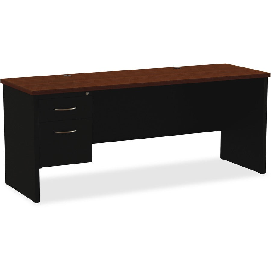 Lorell Fortress Modular Series Left-pedestal Credenza - 72" Width x 24" Depth, x 1.1" Thickness Top - Total Drawer(s): 2 - Single Pedestal on Left Side - Material: Steel - Finish: Walnut Laminate, Black - Scratch Resistant, Stain Resistant, Ball-bearin...