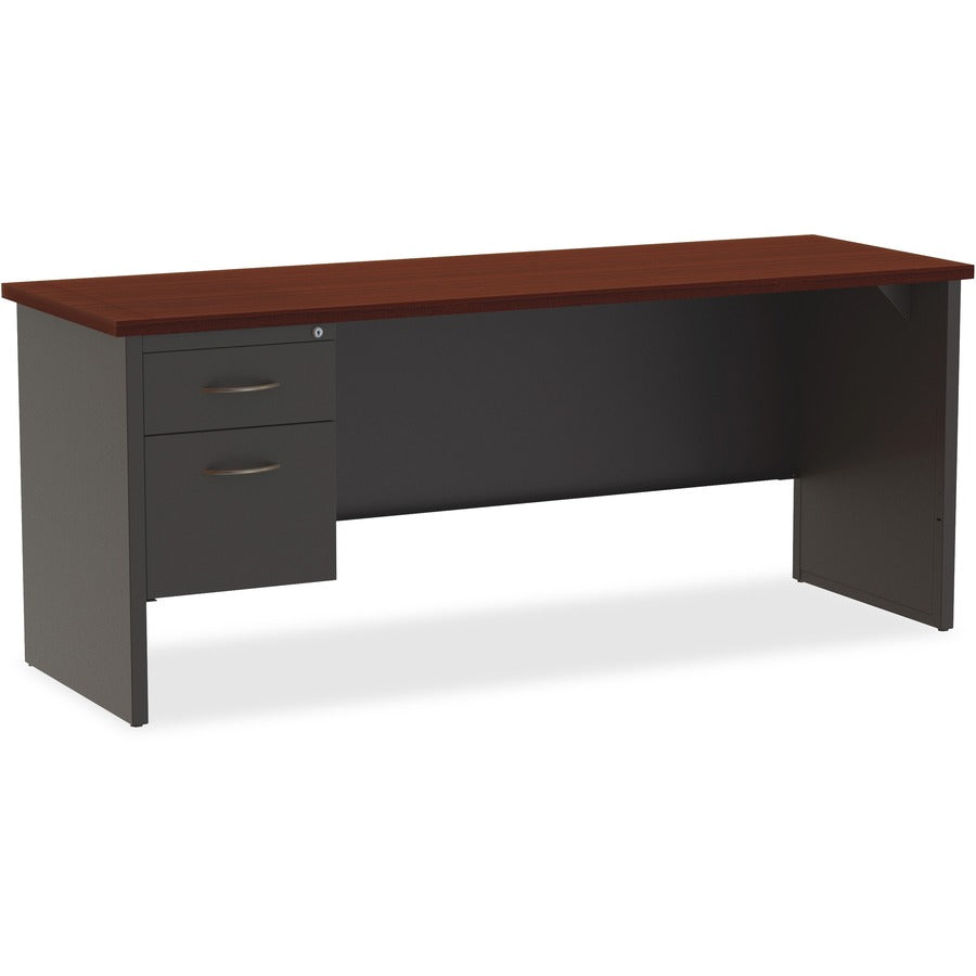 Lorell Fortress Modular Series Left-pedestal Credenza - 72" Width x 24" Depth, x 1.1" Thickness Top - Total Drawer(s): 2 - Single Pedestal on Left Side - Material: Steel - Finish: Mahogany Laminate, Charcoal - Scratch Resistant, Stain Resistant, Ball-b...