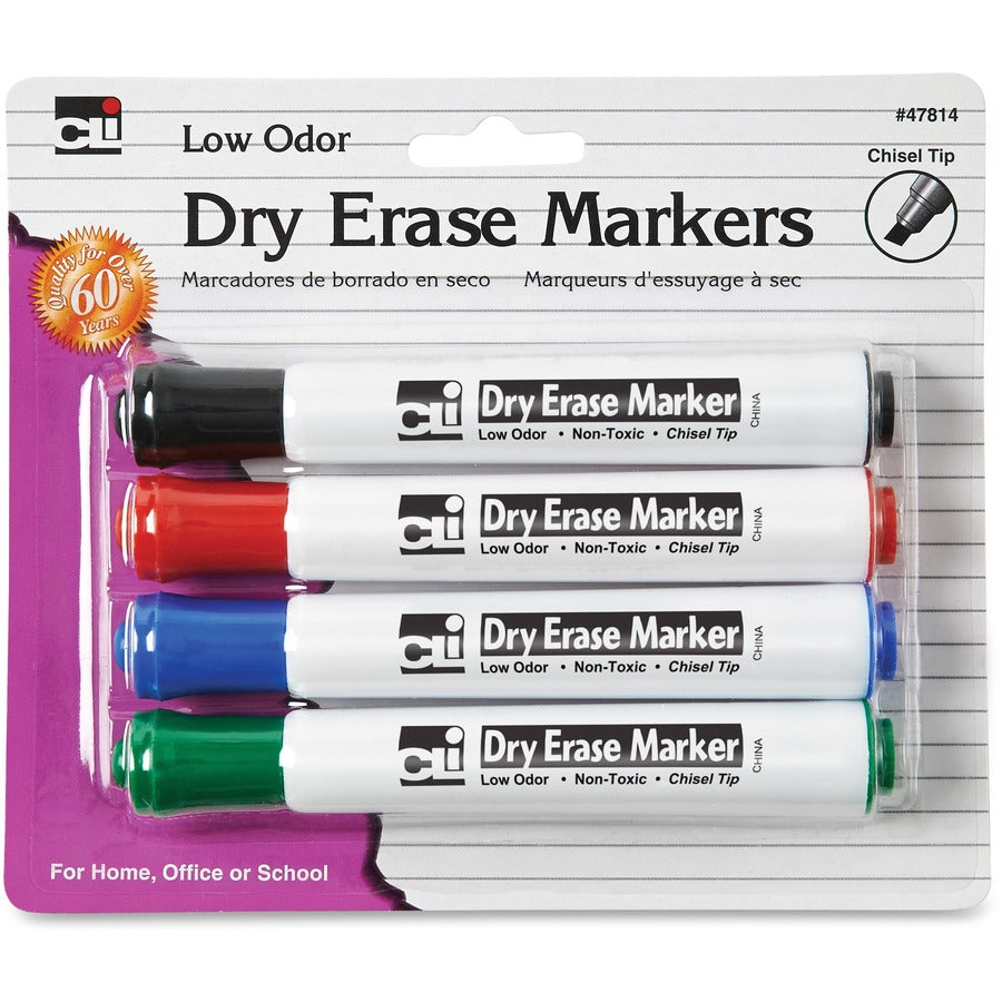 Charles Leonard Chisel Tip Dry Erase Markers - Black, Blue, Red, Green Ink - 4 / Pack