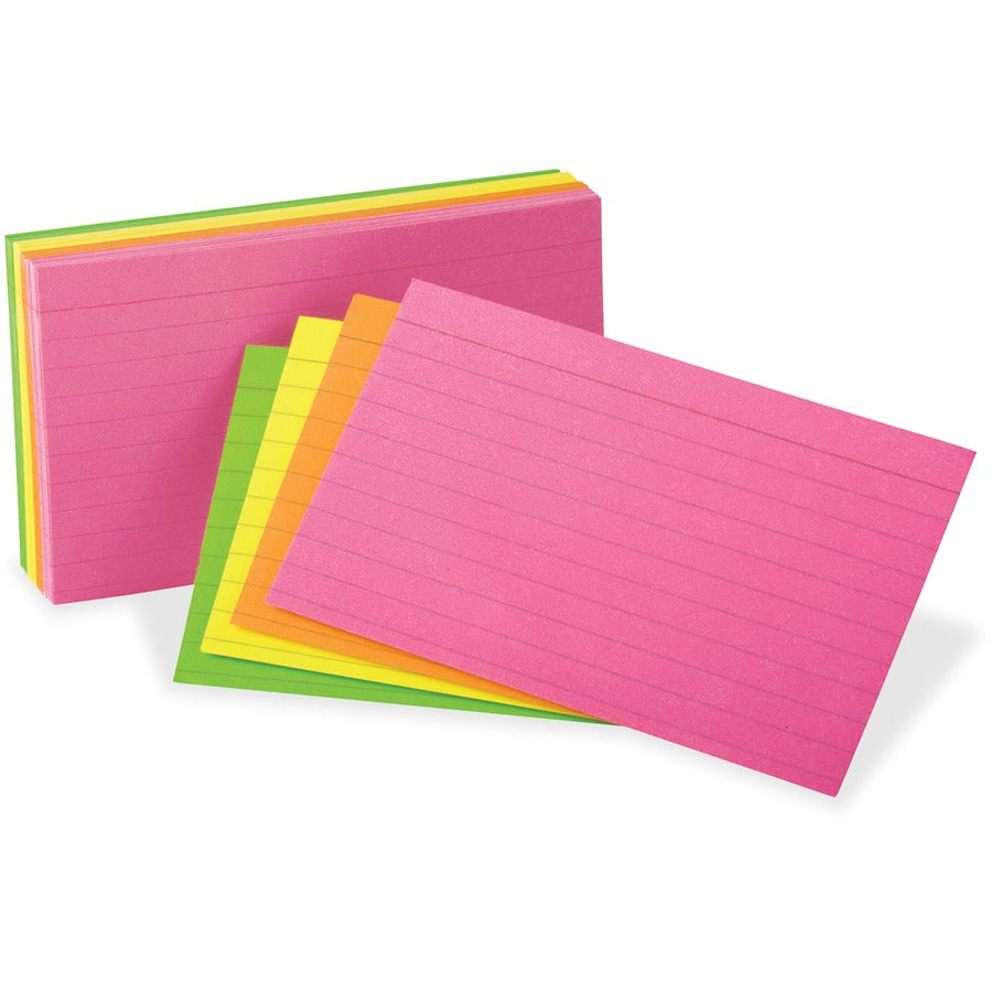 Oxford Neon Glow Ruled Index Cards - Front Ruling Surface - Ruled Front Ruling - 3" x 5" Sheet Size - Assorted Paper - 1 Pack