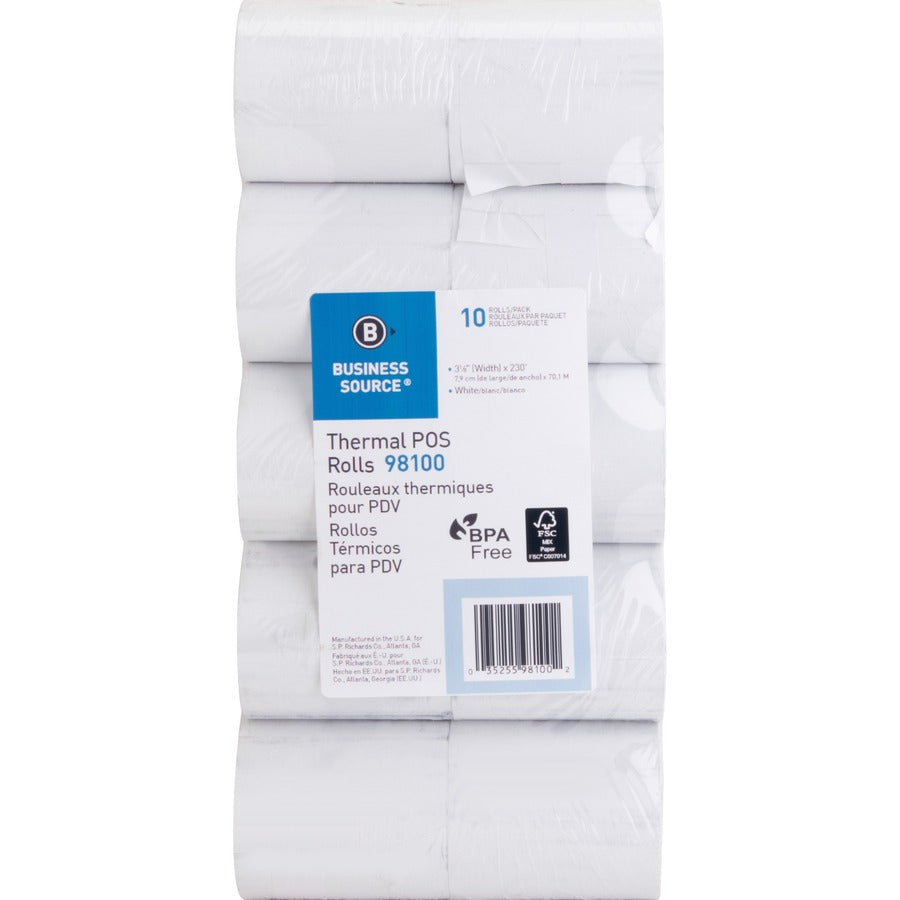 Business Source 3-1/8"x230' POS Receipt Thermal Rolls - 3 1/8" x 230 ft - 48 g/m², Grammage - White - 10 / Pack