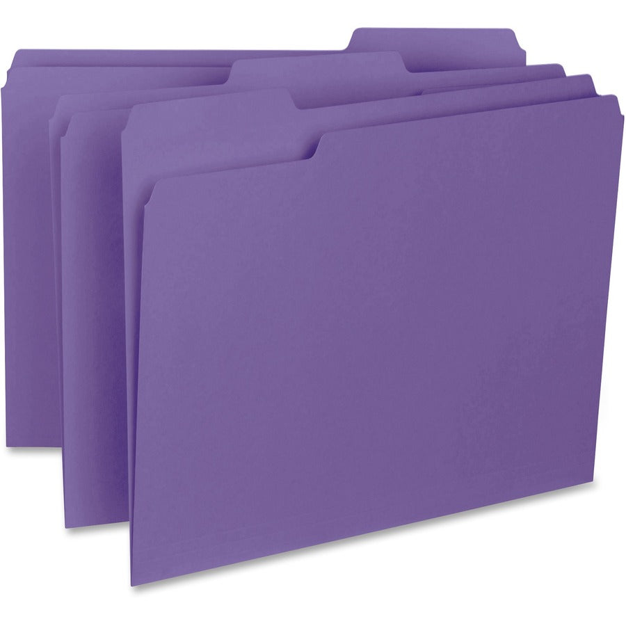 Business Source 1/3 Tab Cut Letter Top Tab File Folder - 8 1/2" x 11" - Top Tab Location - Assorted Tab Position - 11 pt. - Purple - Sturdy, Long Lasting, Durable - 10% Recycled - 100 / Box