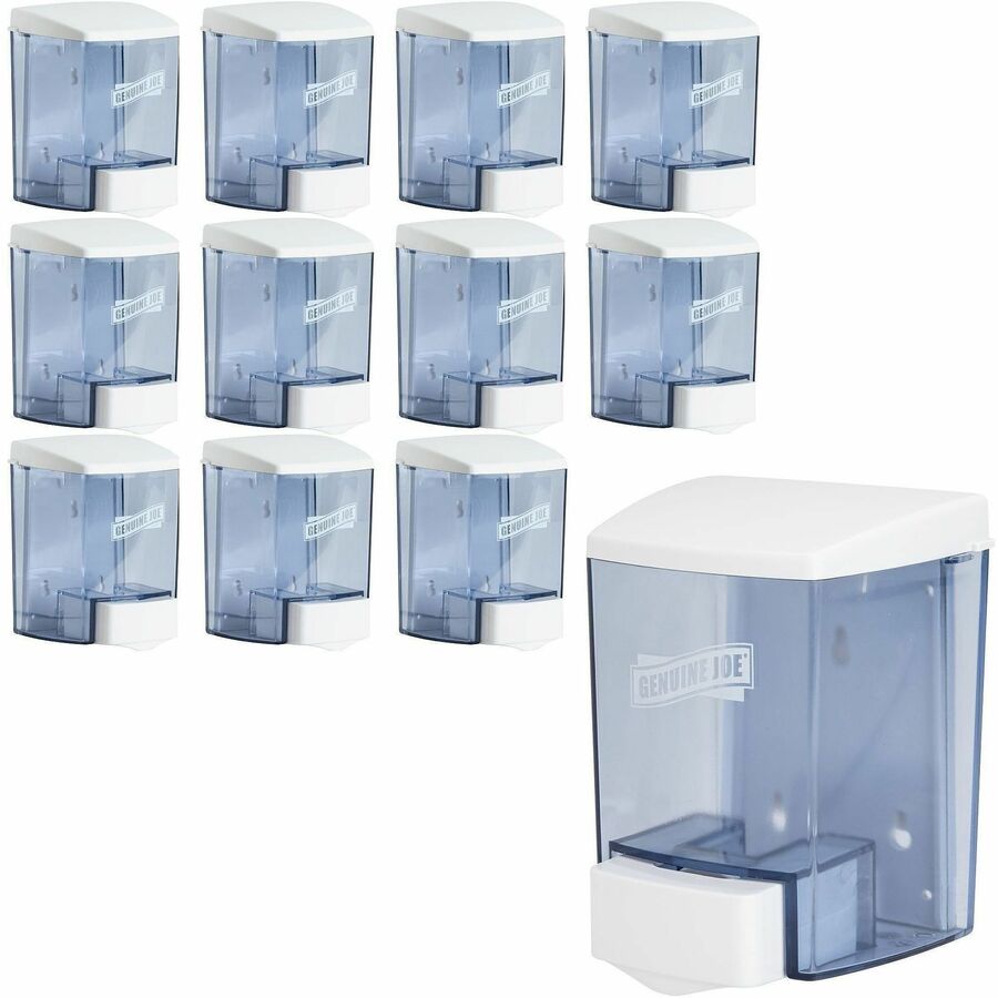 Genuine Joe 30 oz Soap Dispenser - Manual - 30 fl oz Capacity - See-through Tank, Water Resistant, Soft Push - Clear - 12 / Carton