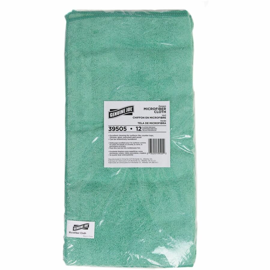 Genuine Joe General Purpose Microfiber Cloth - For General Purpose - 16" Length x 16" Width - Recommended For: Dust Remover, Dirt Remover - Green - 12/Bag - 15 / Carton