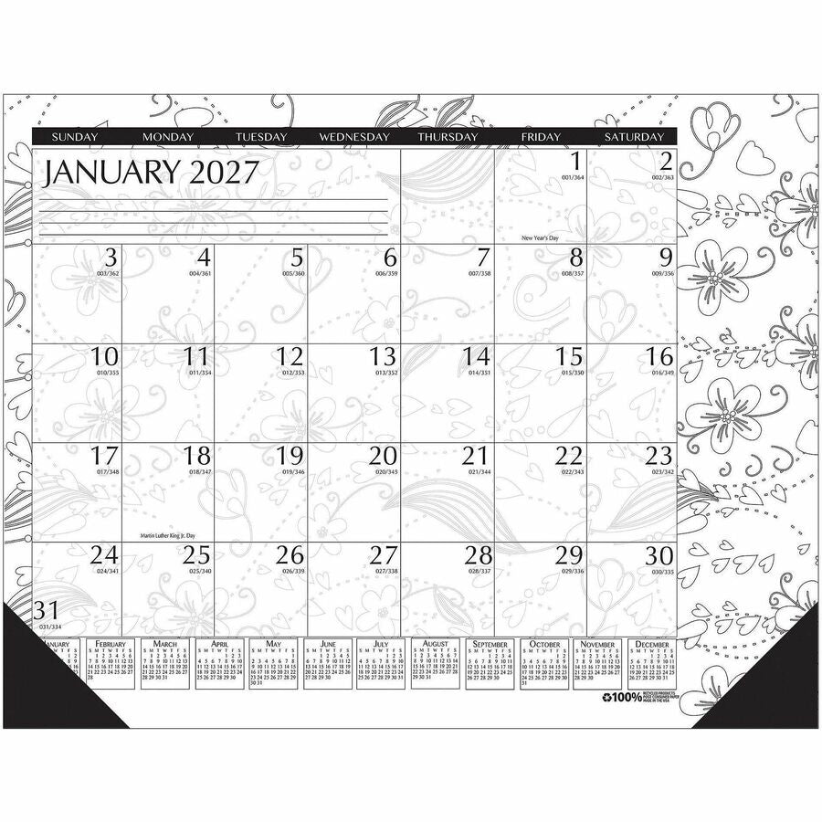 House of Doolittle Doodle Monthly Desk Pad - Julian Dates - Monthly - 12 Month - January 2027 to December 2027 - 1 Month Single Page Layout - Desk Pad - Black/White - Paper - 13" Height x 18.5" Width - 1 Each
