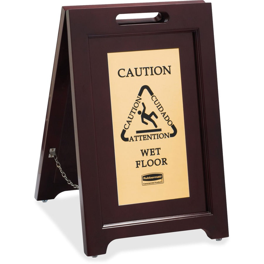 Rubbermaid Commercial Brass Plaque Wooden Caution Sign - Print/Message "Caution" , "Attention" , "Cuidado" , "Wet Floor" - 15" Width x 23.5" Height x 16.2" Depth - Rectangular Shape - Black Print/Message Color - Double Sided - Durable, Carry Handle, Mu...