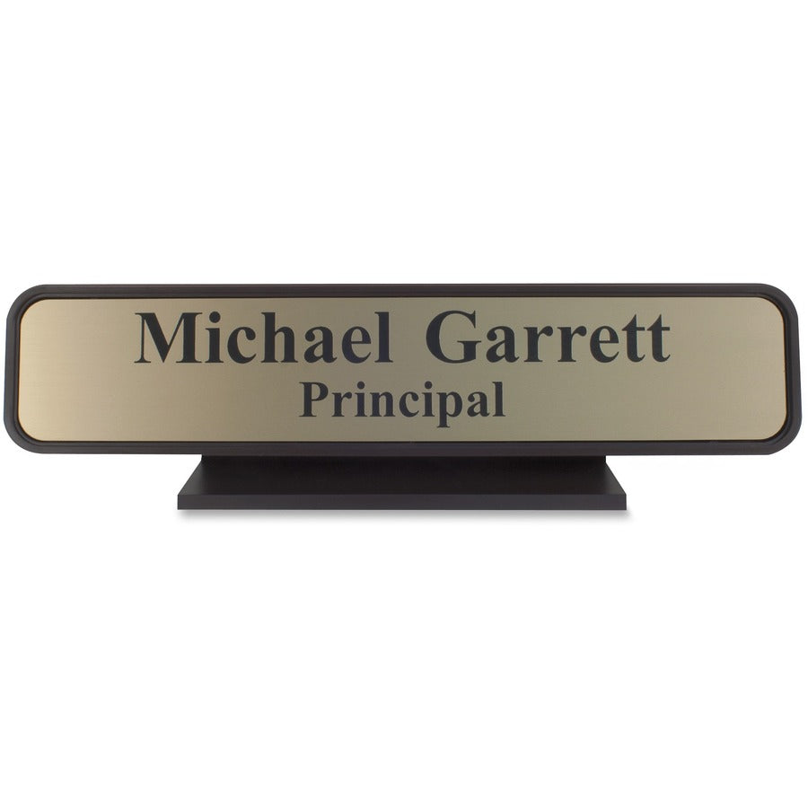 Xstamper Designer Framed Desk Sign - 10" Holding Width x 2" Holding Height - Rectangular Shape - Rounded Corner - Aluminum, Plastic - Brown - 1 Each