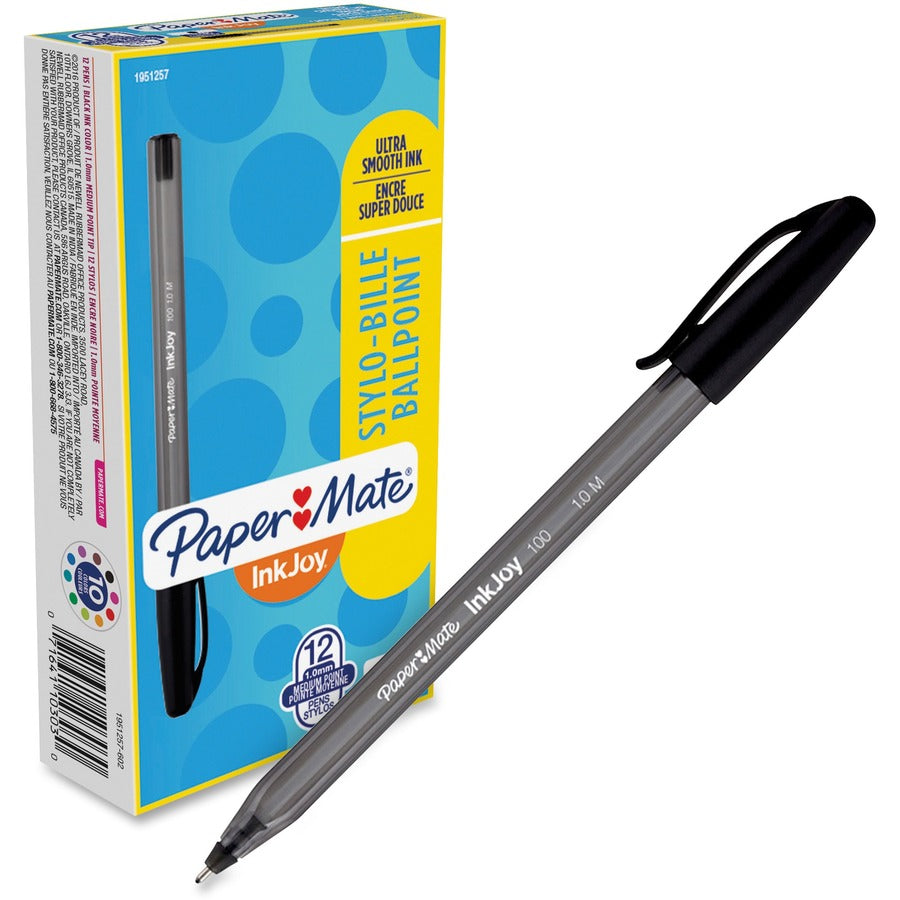 Paper Mate Inkjoy 100 ST Ballpoint Stick Pens - Black Ink - Translucent Barrel - 12 / Dozen