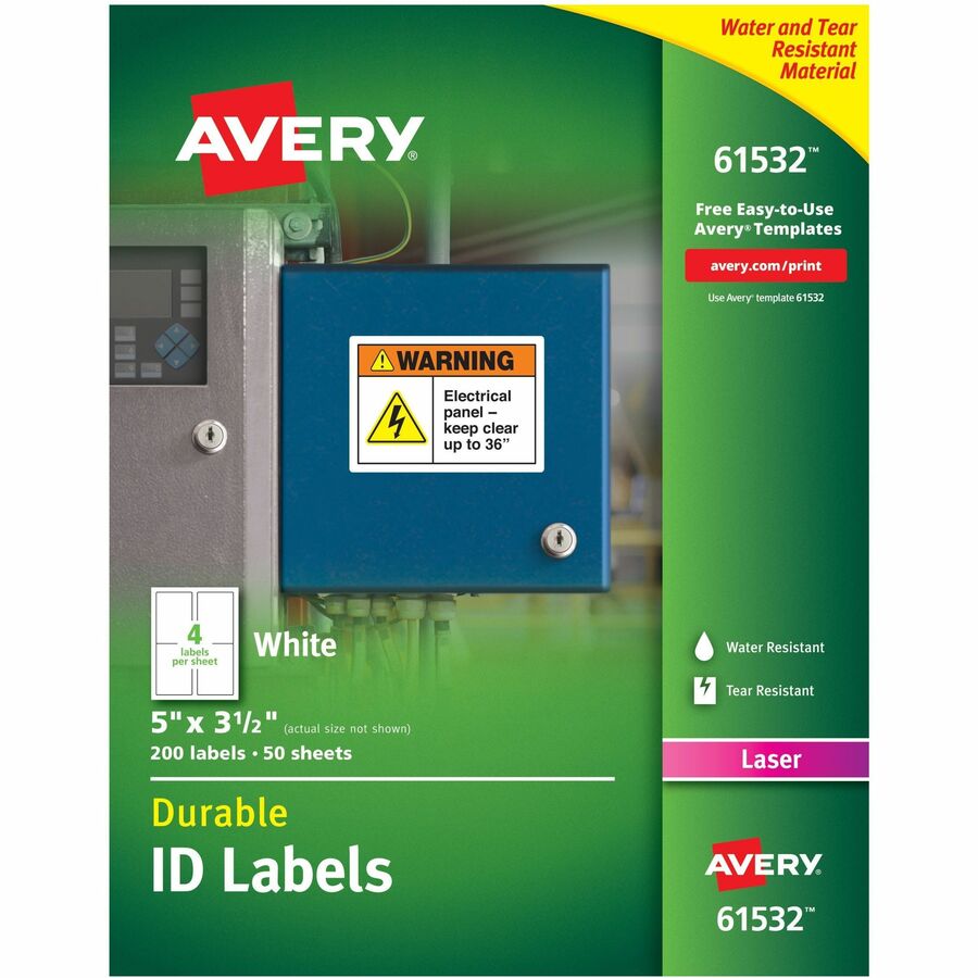 Avery®, TrueBlock ID Label - 5" Width x 3 1/2" Length - Permanent Adhesive - Rectangle - Laser - Matte White - Matte - Film - Water Resistant - 4 / Sheet - 4 Total Sheets - 200 Total Label(s) - 1 Box