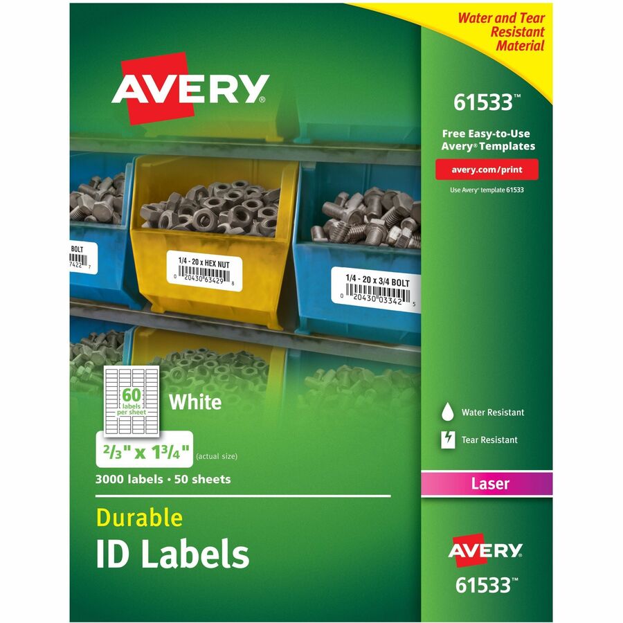 Avery®, TrueBlock ID Label - 21/32" Width x 1 3/4" Length - Permanent Adhesive - Rectangle - Laser - Matte White - Matte - Film - Water Resistant - 60 / Sheet - 60 Total Sheets - 3000 Total Label(s) - 1 Box