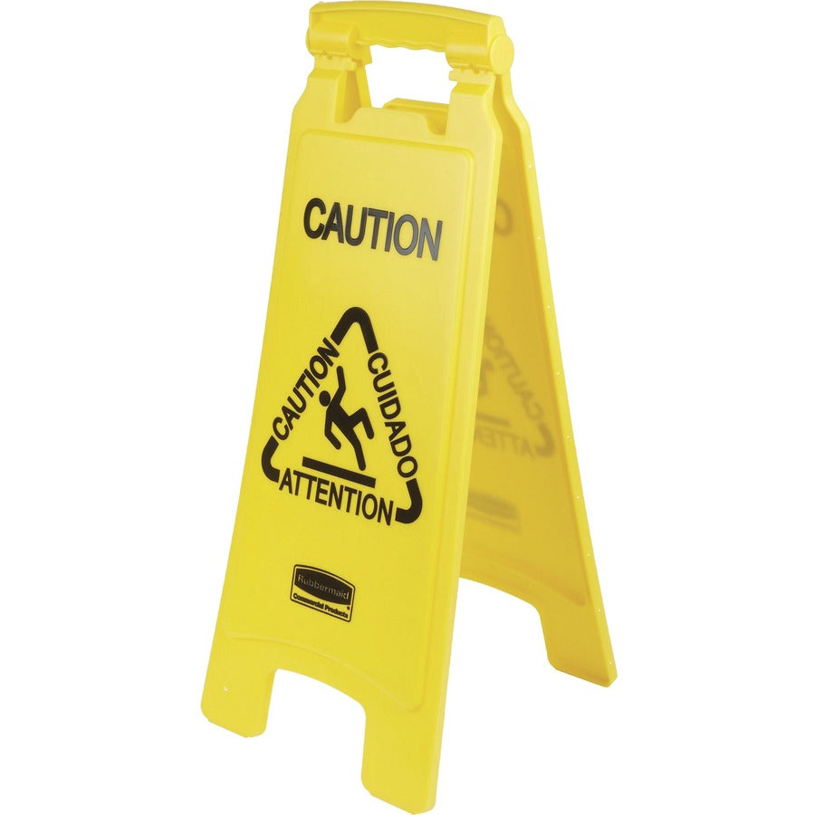 Rubbermaid Commercial Multi-Lingual Caution Floor Sign - Print/Message "Caution" , "Cuidado" , "Attention" - 11" Width x 25" Height x 12" Depth - Rectangular Shape - Hanging - Double Sided - Foldable, Lightweight, Durable, Multilingual - Plastic - Yell...