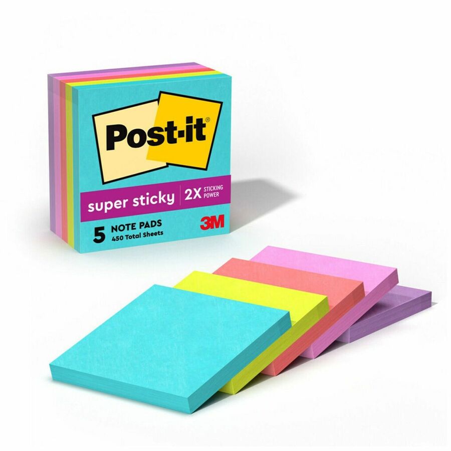Post-it®, Super Sticky Notes - Supernova Neons Color Collection - 3" Flag/Note Width x 3" Flag/Note Length - Square - 90 Sheets per Pad - Aqua Splash, Acid Lime, Guava, Tropical Pink, Iris Infusion - Paper - Recyclable, Repositionable - 1 Pack