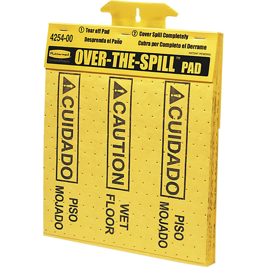 Rubbermaid Commercial Bilingual Over-The-Spill Pads - Print/Message "Caution Wet Floor" , "cuidado Piso Mojado" - 12.6" Width x 16.5" Height x 16" Depth - Wall Mountable - Strong, Absorbent, Portable - Plastic, Polypropylene - Yellow - 22/Pack - 12 / C...