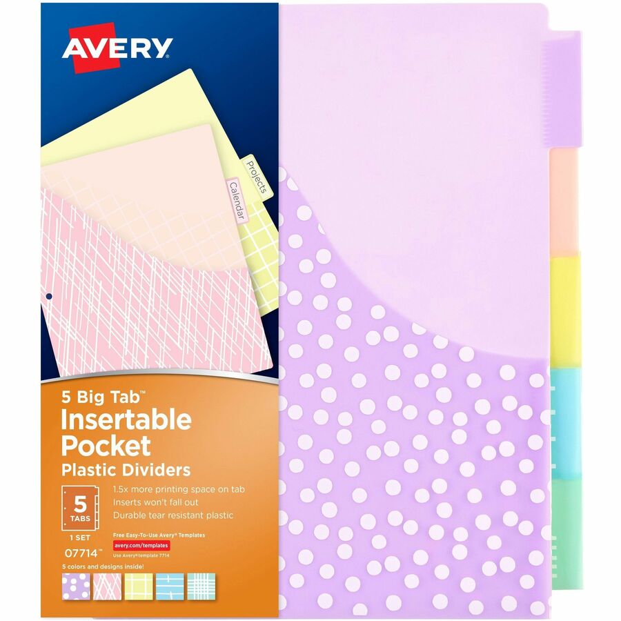 Avery®, Big Tab Plastic Dividers with Pockets, 5-Tab (07714 - 5 x Divider(s) - 5 - 5 Tab(s)/Set - 9.3" Divider Width x 11.25" Divider Length - 3 Hole Punched - Multicolor Plastic Divider - Plastic Tab(s) - PVC-free, Hole-punched, Insertable, Customi...