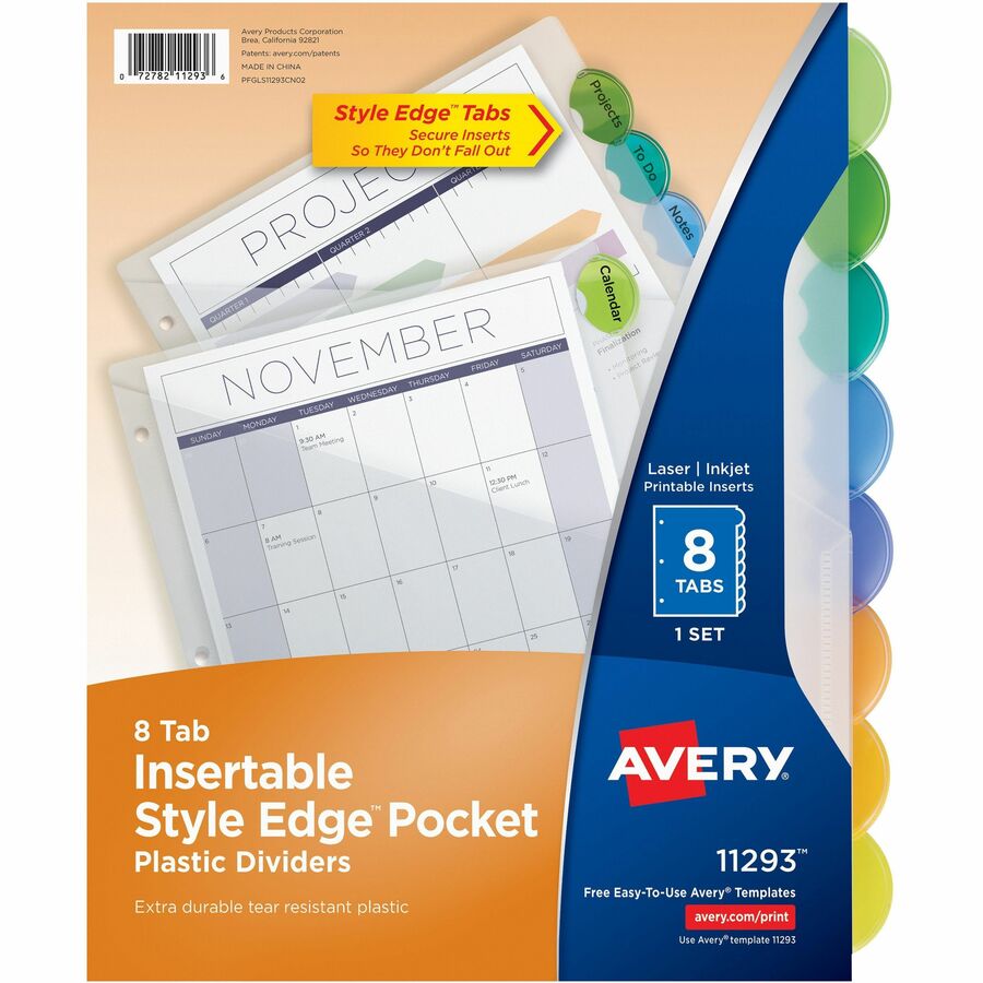 Avery®, Insertable Style Edge Plastic Dividers with Pockets, 8-tab - 8 x Divider(s) - 8 - 8 Tab(s)/Set - 9.3" Divider Width x 11.25" Divider Length - 3 Hole Punched - Translucent Plastic Divider - Multicolor Plastic Tab(s) - Durable, Tear Resistant...