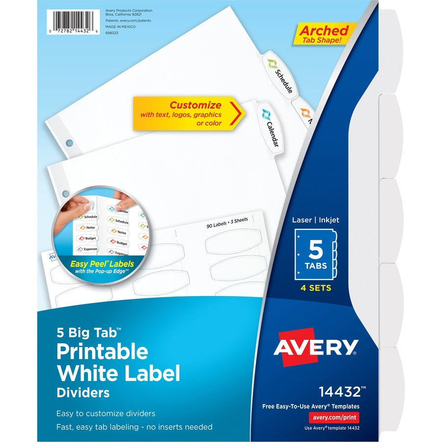 Avery®, Big Tab Printable Label Dividers, Easy Peel Labels, 5 Tabs - 20 x Divider(s) - 5 - 5 Tab(s)/Set - 8.5" Divider Width x 11" Divider Length - 3 Hole Punched - White Paper Divider - White Paper Tab(s) - 20% - 1 Pack