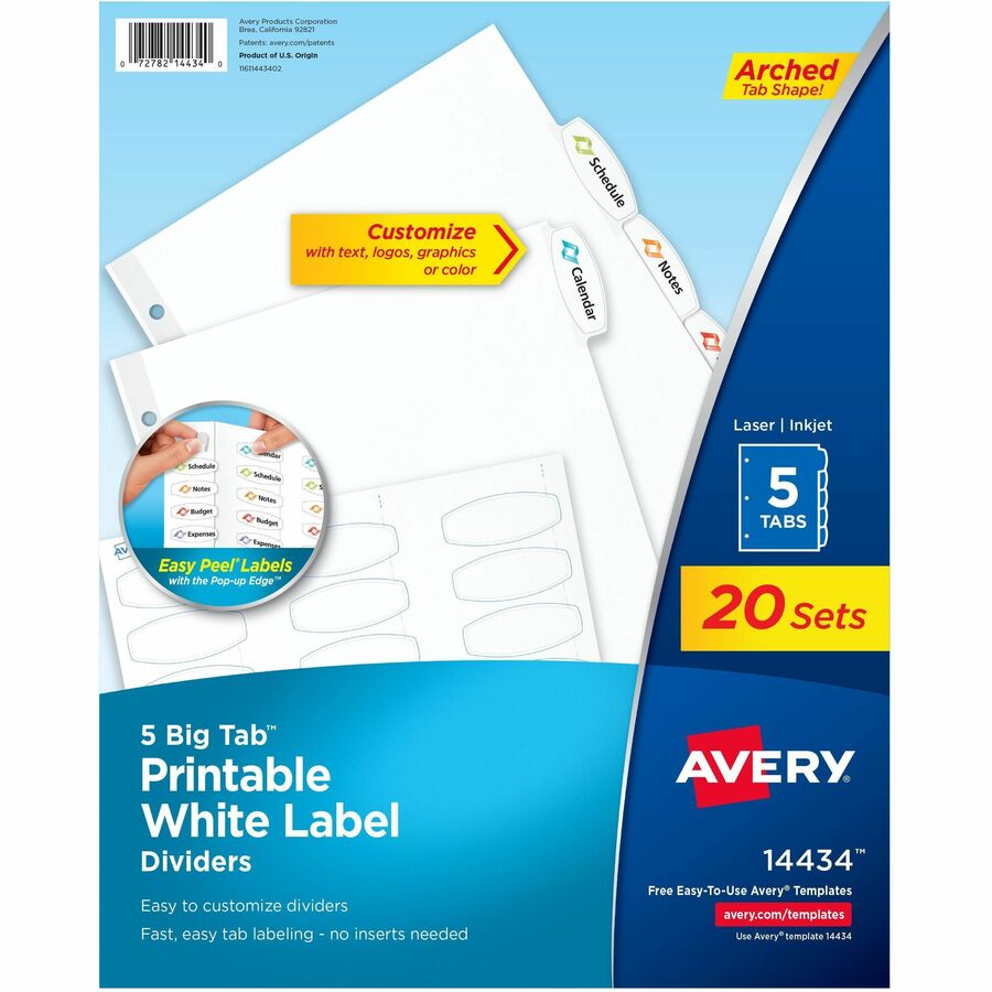 Avery®, Big Tab Printable White Label Dividers - 100 x Divider(s) - 100 Tab(s) - 5 - 5 Tab(s)/Set - 8.5" Divider Width x 11" Divider Length - 3 Hole Punched - White Paper Divider - White Paper Tab(s) - 20% - Hole-punched, Printable, Easy Peel, Reinf...