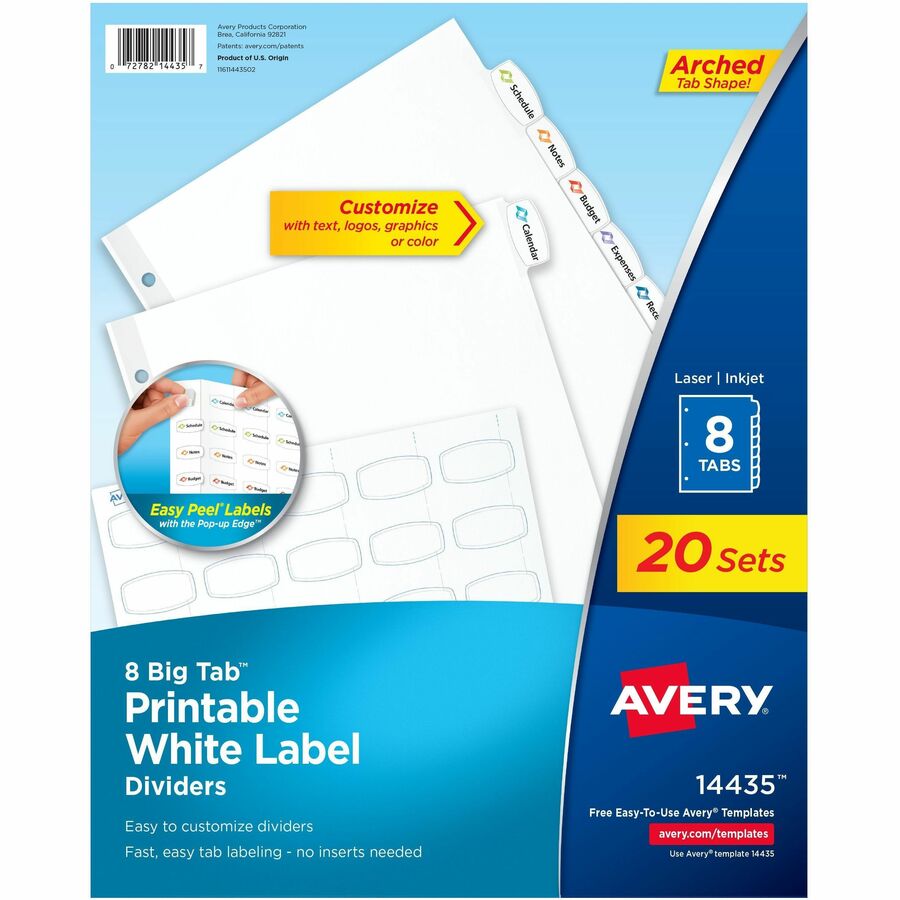 Avery®, Big Tab Printable White Label Dividers - 160 x Divider(s) - 160 Tab(s) - 8 - 8 Tab(s)/Set - 8.5" Divider Width x 11" Divider Length - 3 Hole Punched - White Paper Divider - White Paper Tab(s) - 20% - Hole-punched, Printable, Easy Peel, Reinf...
