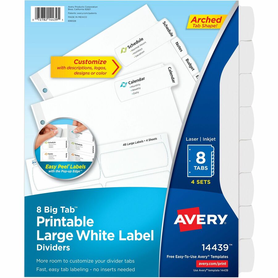 Avery®, Big Tab Tab Divider - 32 x Divider(s) - 8 - 8 Tab(s)/Set - 8.5" Divider Width x 11" Divider Length - 3 Hole Punched - White Paper Divider - White Paper Tab(s) - 20% - 4 / Pack