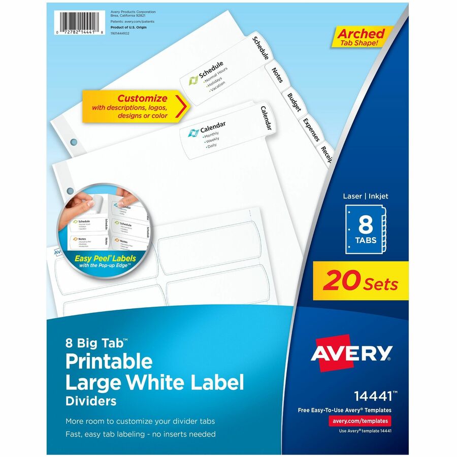 Avery®, Big Tab Printable Large White Dividers with Easy Peel, 8 Tabs - 160 x Divider(s) - 160 Tab(s) - 8 - 8 Tab(s)/Set - 8.5" Divider Width x 11" Divider Length - 3 Hole Punched - White Paper Divider - White Paper Tab(s) - 20% - Hole-punched, Prin...