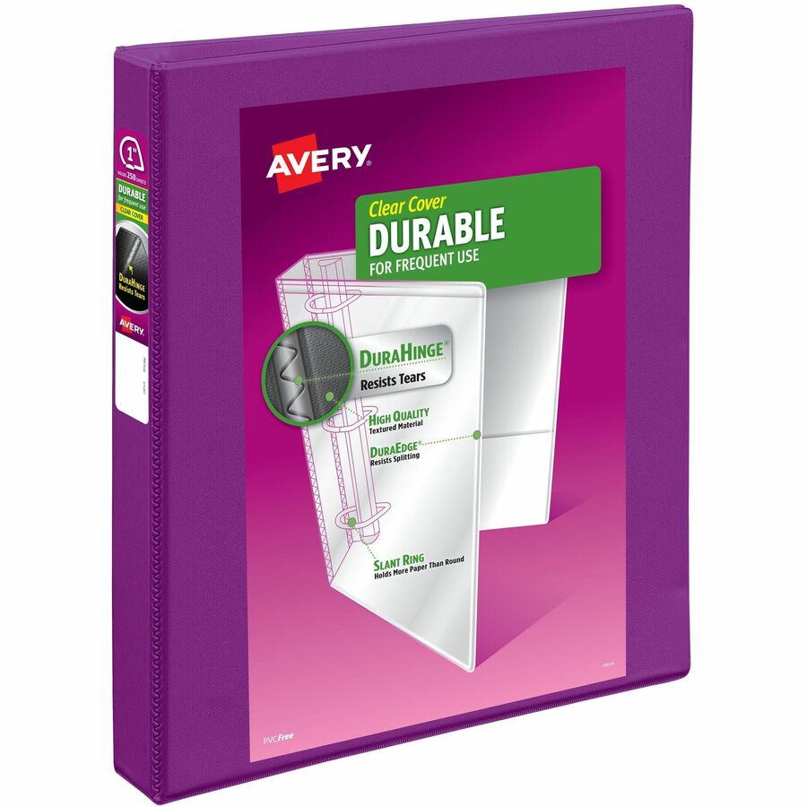 Avery®, Durable View Binders with Slant Rings - 1" Binder Capacity - Letter - 8 1/2" x 11" Sheet Size - 250 Sheet Capacity - 1 2/5" Spine Width - 250 x 1" Ring - Fastener: Slant Ring - Pocket: 2, Internal - Polypropylene - Purple - Adhesive, Archiva...