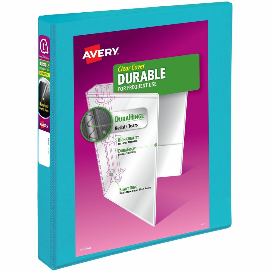 Avery®, Durable View Binders with Slant Rings - 1" Binder Capacity - Letter - 8 1/2" x 11" Sheet Size - 250 Sheet Capacity - 1 2/5" Spine Width - 250 x 1" Ring - Fastener: Slant Ring - Pocket: 2, Internal - Polypropylene - Aqua - Adhesive, Durable...