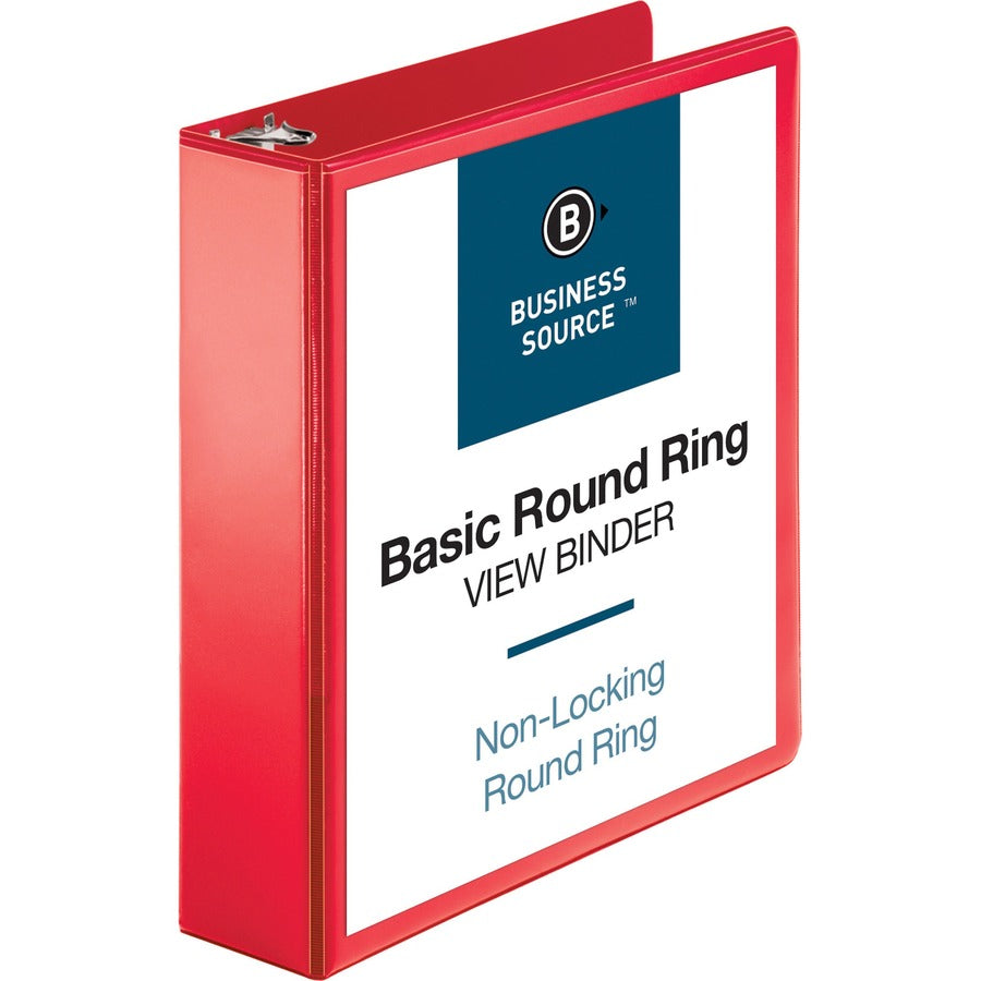 Business Source Round Ring Binder - 2" Binder Capacity - Fastener: Round Ring - Pocket: 2, Internal - Red - Clear Overlay, Labeling Area - 1 Each