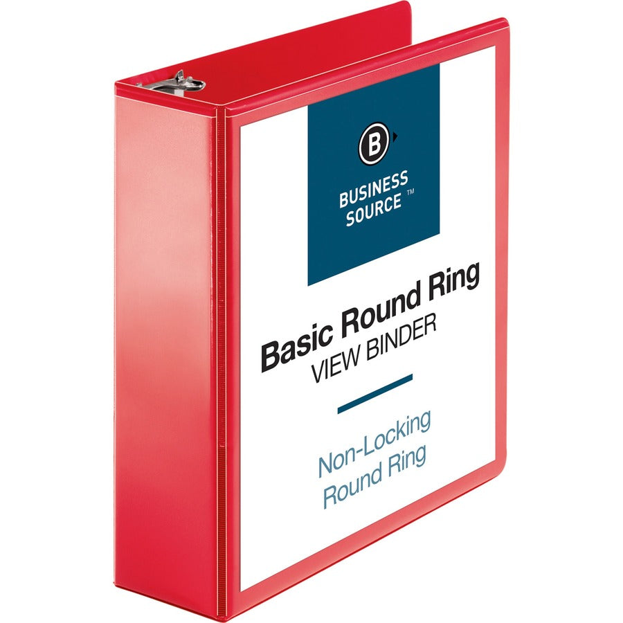 Business Source Round Ring Binder - 3" Binder Capacity - Fastener: Round Ring - Pocket: 2, Internal - Red - Clear Overlay, Labeling Area - 1 Each