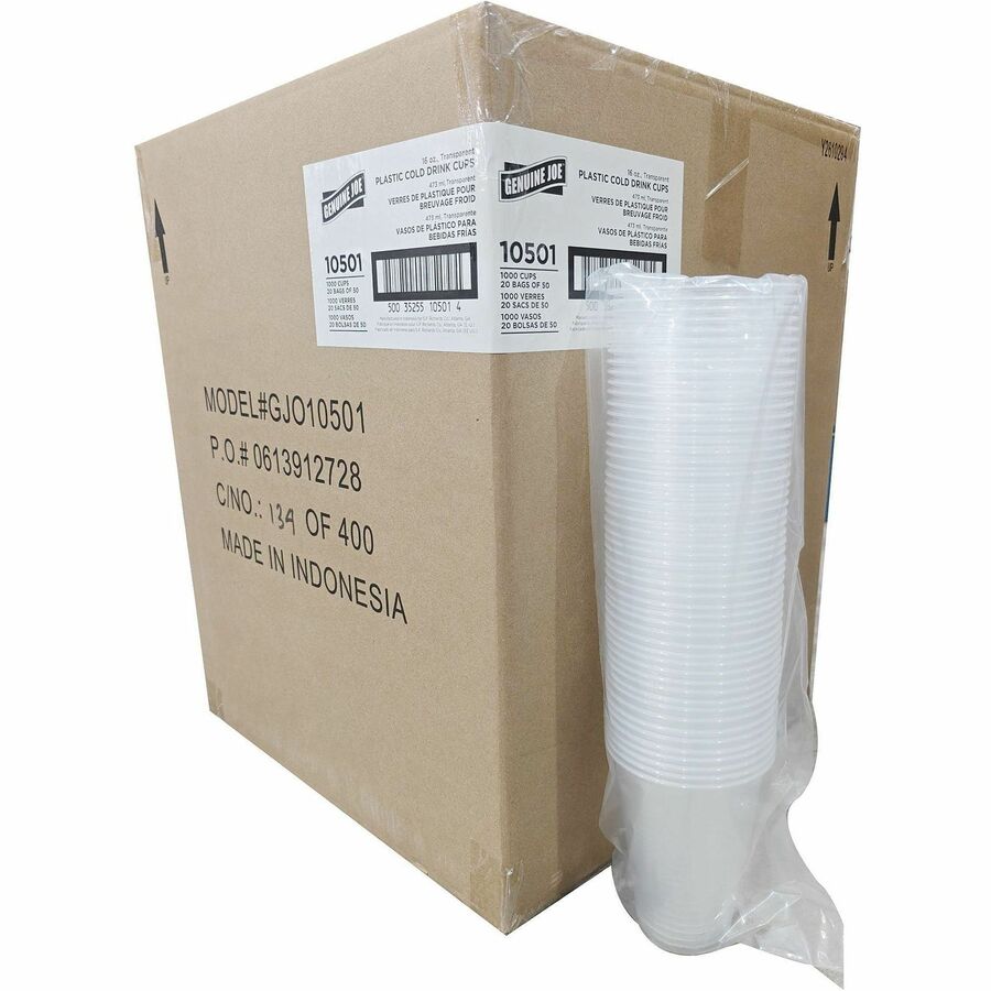 Genuine Joe 16 oz Transparent Beverage Cups - 16 fl oz - Clear - Plastic - Beverage - 50/Bag - 20 / Carton