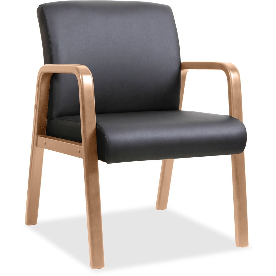 Lorell Upholstered Guest Chair - Black Seat Color - Bonded Leather Seat Material - Black Back Color - Bonded Leather Back Material - Walnut Frame Color - Solid Wood Frame Material - Four-legged Base - Armrest - 1 Each