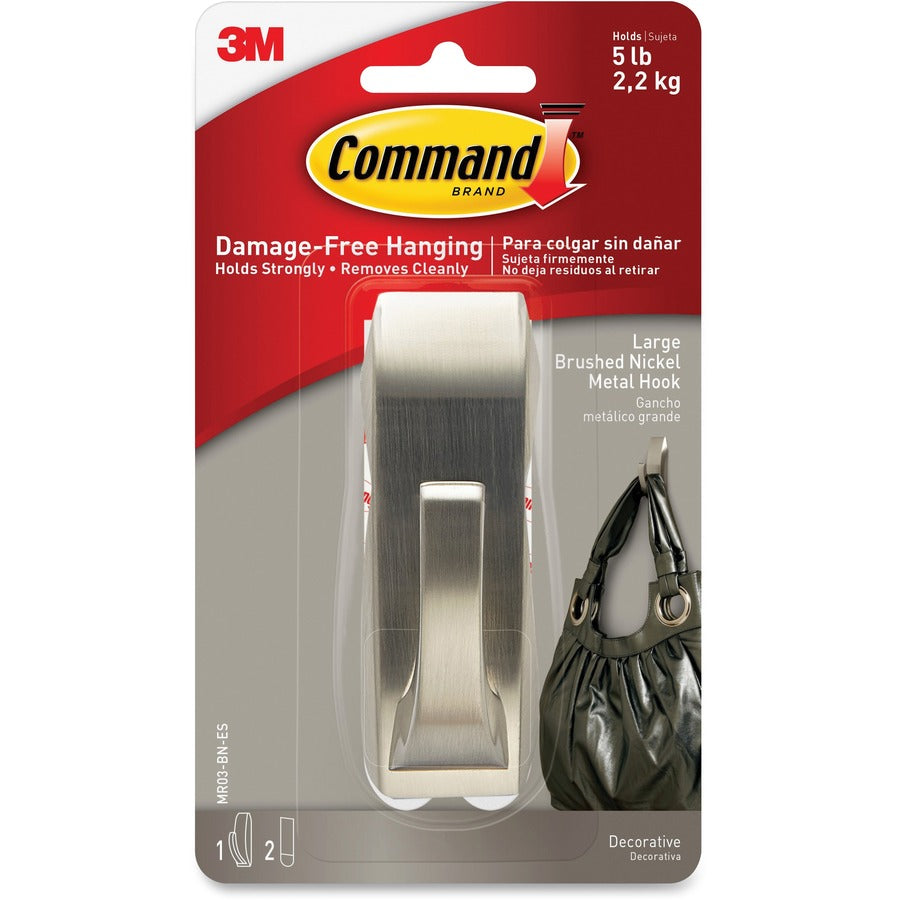 Command Large Modern Reflections Hook - 5 lb (2.27 kg) Capacity - for Painted Surface, Wood, Tile - Metal - Brushed Nickel - 1 Pack