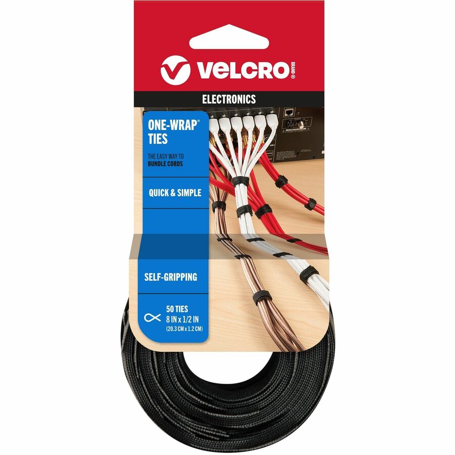 VELCRO®, One Wrap Light-duty Thin Bundling Ties - 5" Width x 8" Length - Black - 50 / Pack
