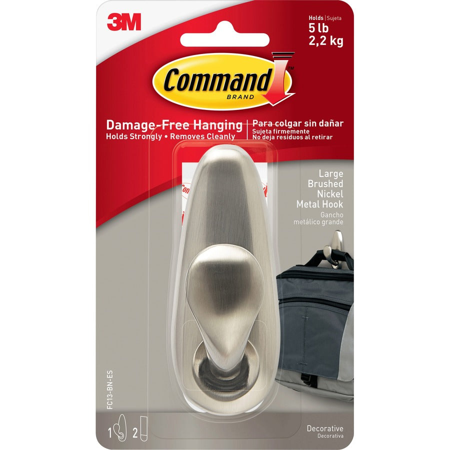 Command Large Forever Classic Hook - 5 lb (2.27 kg) Capacity - for Decoration, Painted Surface, Wood, Tile - Metal - Brushed Nickel - 20 / Pack