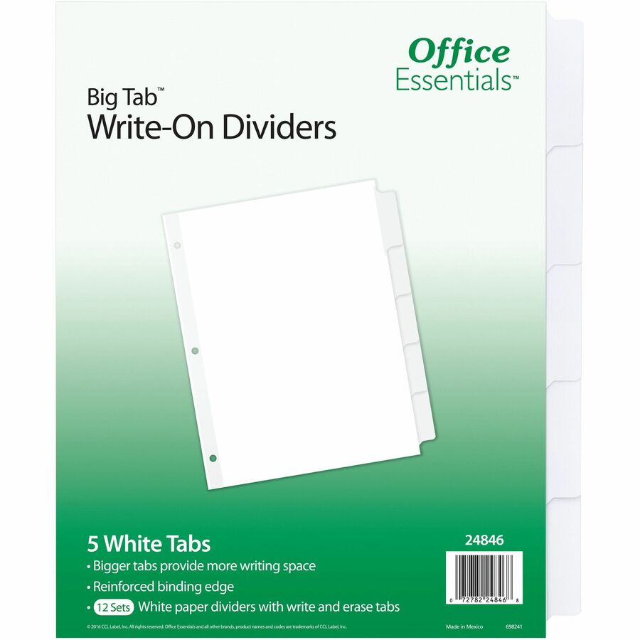 Avery®, Office Essentials Big Tab Write-On Tab Dividers - 60 x Divider(s) - 5 Write-on Tab(s) - 5 - 5 Tab(s)/Set - 8.5" Divider Width x 11" Divider Length - 3 Hole Punched - White Paper Divider - White Paper Tab(s) - 1 Carton