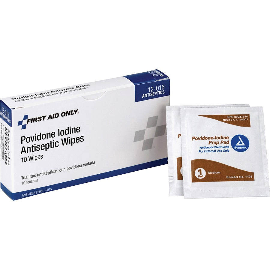 First Aid Only Povidone Iodine Antiseptic Wipes - 2.3" Height x 0.7" Width x 4" Depth - 10 / Box