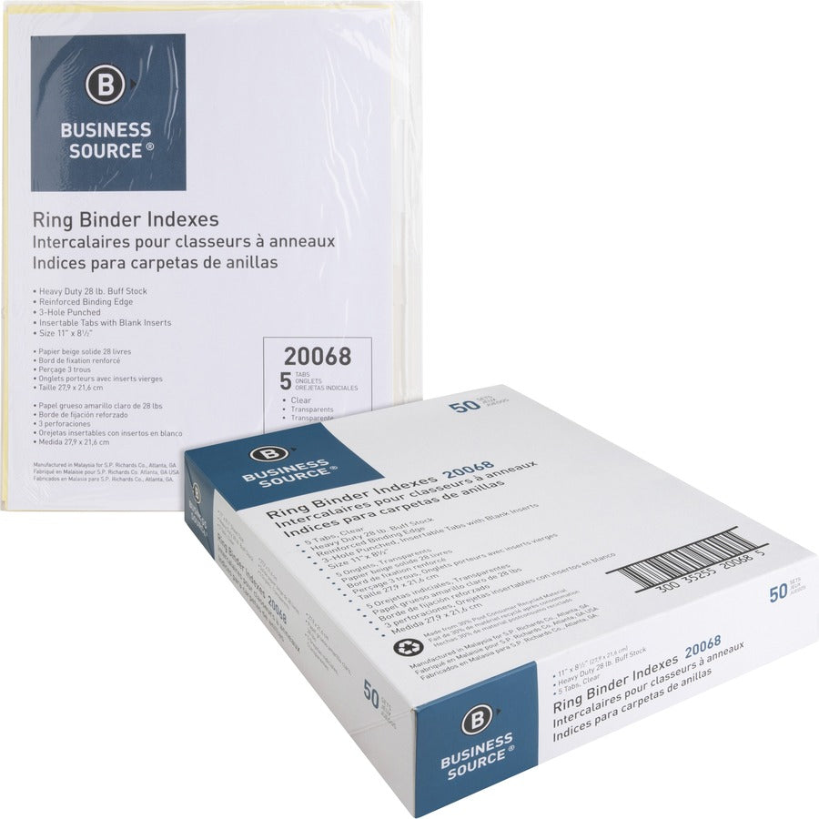 Business Source Buff Stock Ring Binder Indexes - 5 x Divider(s) - Blank Tab(s) - 5 Tab(s)/Set - 2" Tab Width - 8.5" Divider Width x 11" Divider Length - Letter - 3 Hole Punched - Buff Buff Paper Divider - Clear Tab(s) - Tear Resistant, Reinforced Edges...
