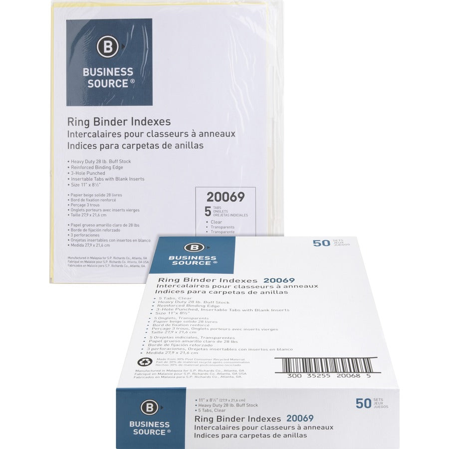 Business Source Buff Stock Ring Binder Indexes - 8 x Divider(s) - Blank Tab(s) - 8 Tab(s)/Set - 1.25" Tab Width - 8.5" Divider Width x 11" Divider Length - Letter - 3 Hole Punched - Clear Buff Paper Divider - Clear Tab(s) - Tear Resistant, Reinforced E...