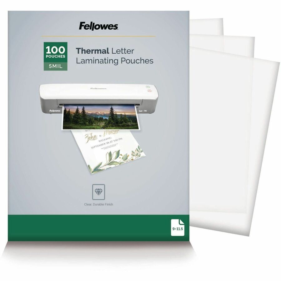 Fellowes Letter-Size Thermal Laminating Pouches - Sheet Size Supported: Letter 8.50" Width x 11" Length - Laminating Pouch/Sheet Size: 9" Width x 5 mil Thickness - Glossy - for Document - Durable, Photo-safe, Erasable, Water Proof - Clear - 100 / Pack