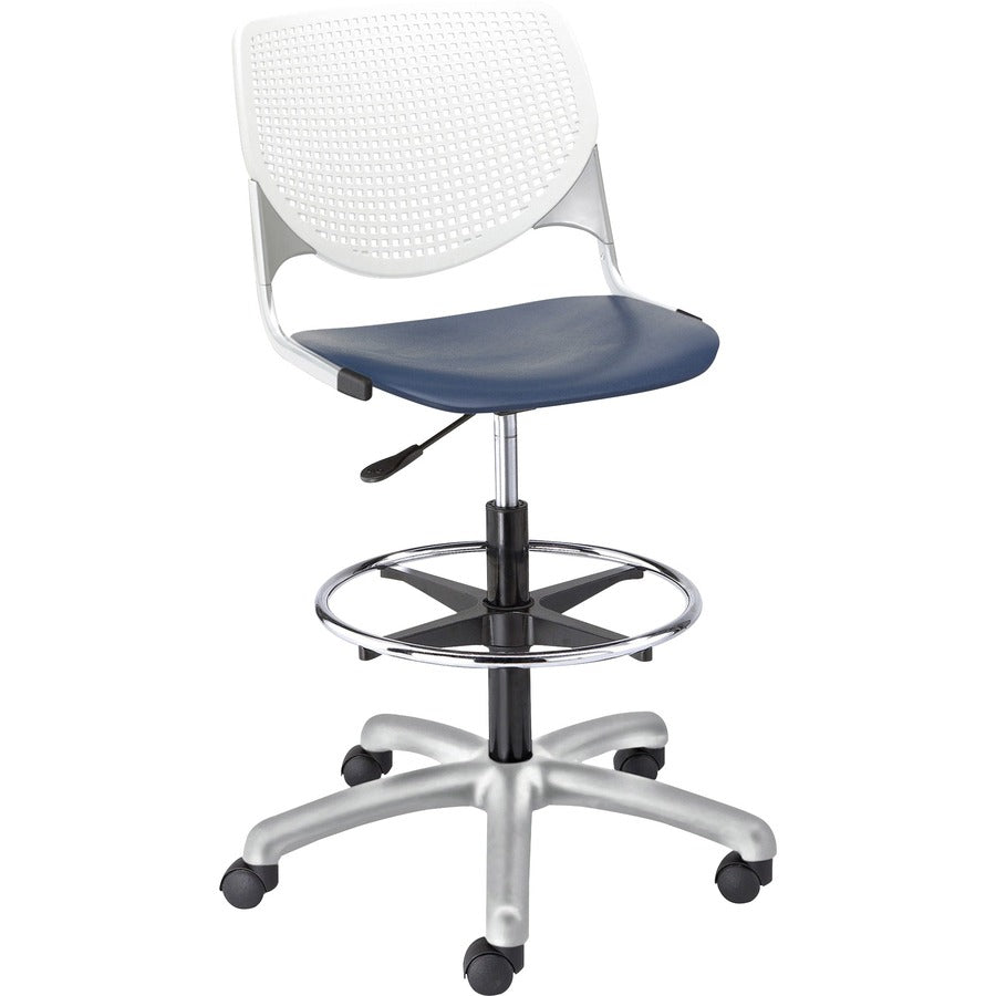 KFI Kool Collection 2300 Armless Stool with Casters - Navy Seat Color - Polypropylene Seat Material - White Back Color - Polypropylene Back Material - Powder Coated Silver Frame Color - Steel Frame Material - 1 Each