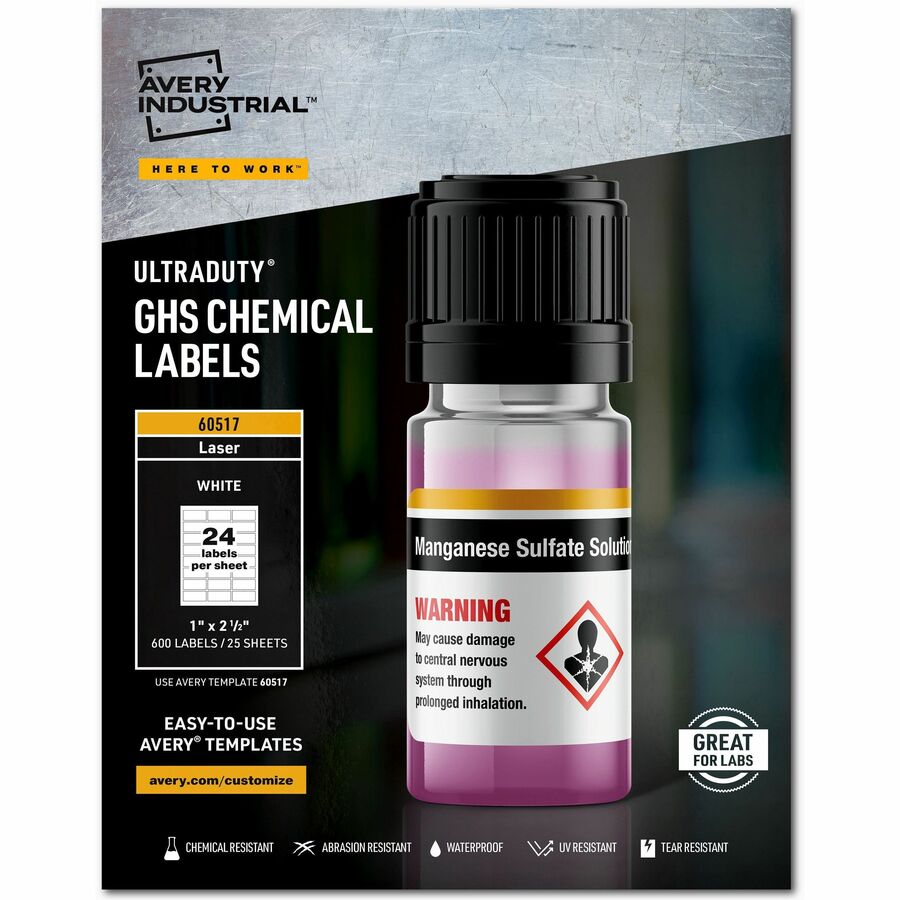 Avery®, UltraDuty Chemical Label - Waterproof - 1" Width x 2 1/2" Length - Permanent Adhesive - Rectangle - Laser - White - Film - 24 / Sheet - 25 Total Sheets - 600 Total Label(s) - 1 Box