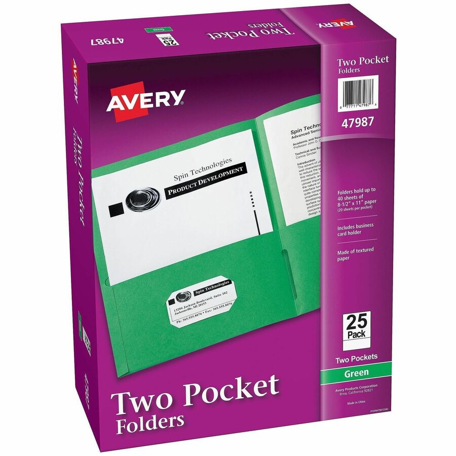 Avery®, Letter Pocket Folder - 8 1/2" x 11" - 40 Sheets Capacity - 2 Internal Pocket - Embossed Paper - Green - Embossed - 25/Box - 5 / Carton