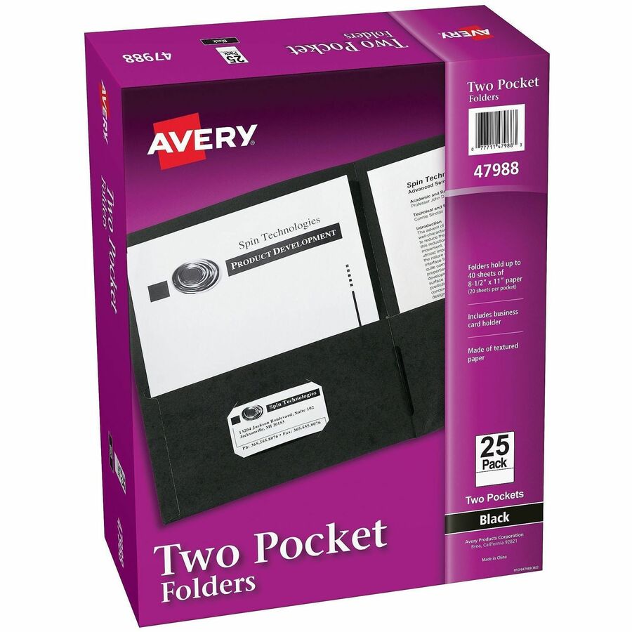 Avery®, Letter Pocket Folder - 8 1/2" x 11" - 40 Sheets Capacity - 2 Internal Pocket - Embossed Paper - Black - Embossed - 25/Box - 5 / Carton