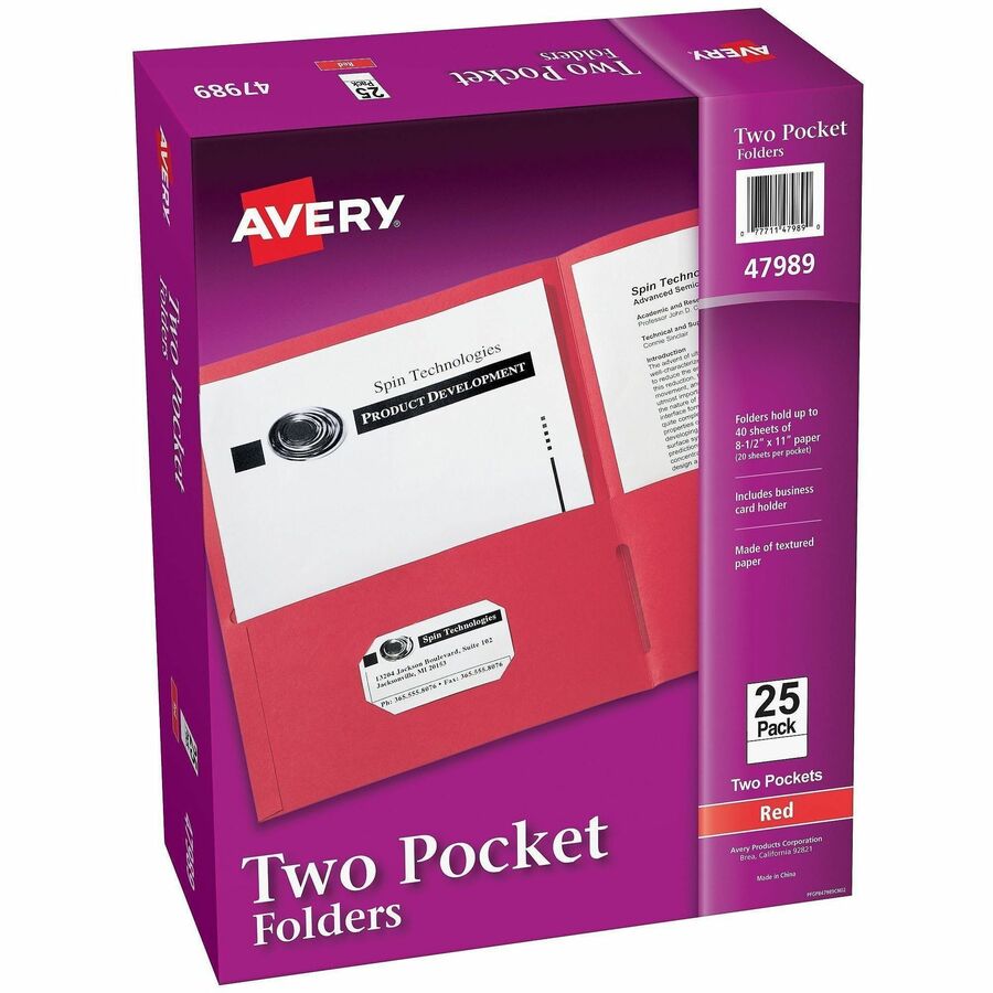 Avery®, Letter Pocket Folder - 8 1/2" x 11" - 40 Sheets Capacity - 2 Internal Pocket - Embossed Paper - Red - Embossed - 25/Box - 5 / Carton