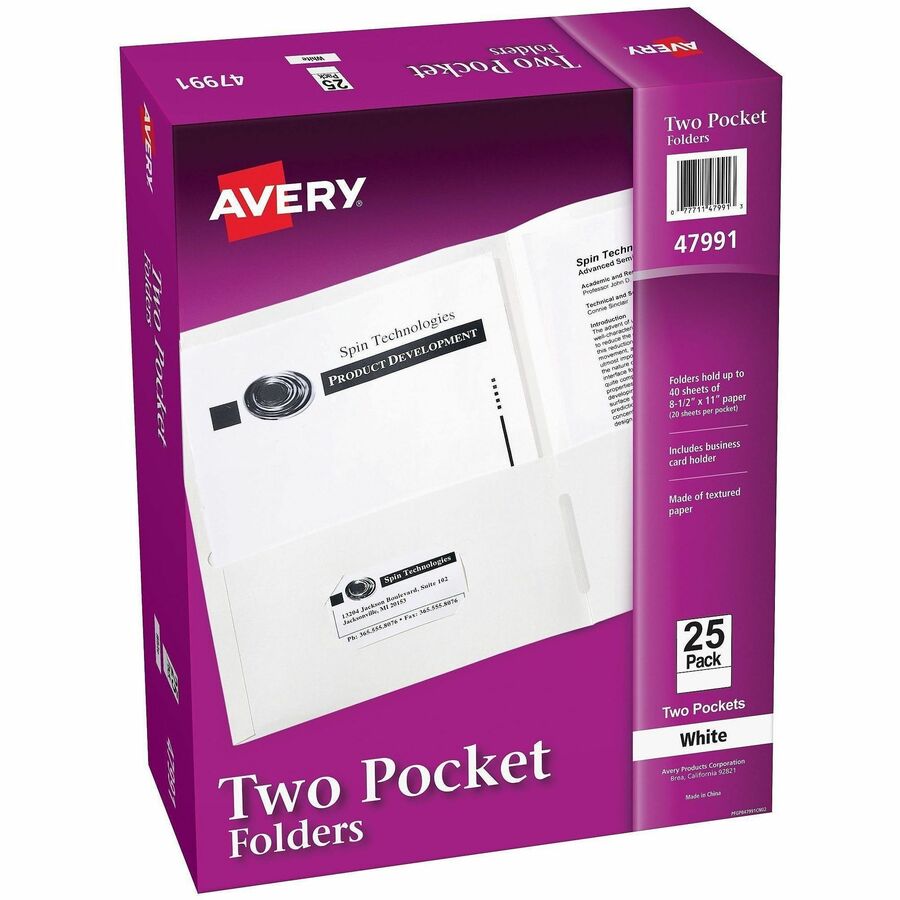 Avery®, Letter Pocket Folder - 8 1/2" x 11" - 40 Sheets Capacity - 2 Internal Pocket - Embossed Paper - White - Embossed - 25/Box - 5 / Carton