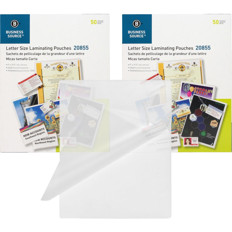 Business Source Letter Size Laminating Pouches - Sheet Size Supported: Letter 8.50" Width x 11" Length - Laminating Pouch/Sheet Size: 9" Width x 11.50" Length x 5 mil Thickness - for Photo, Document, ID Badge, Recipe - Pre-trimmed - Clear - 50/Box - 2...