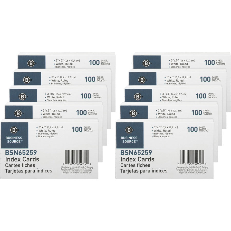 Business Source Ruled Index Cards - Front Ruling Surface - Ruled Front Ruling - 72 lb Basis Weight - 5" x 3" Sheet Size - White Paper - 100/Pack - 10 / Box