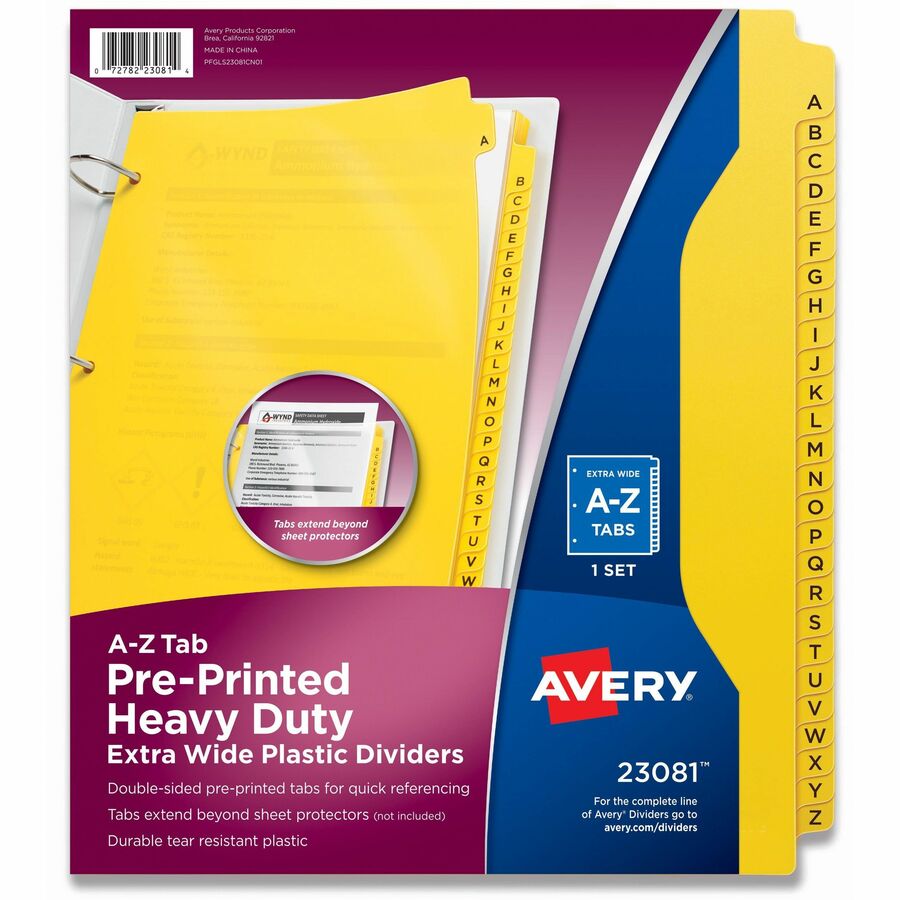 Avery®, Heavy-Duty Plastic A-Z Industrial Dividers - 26 x Divider(s) - 26 Tab(s) - A-Z - 26 Tab(s)/Set - 8.5" Divider Width x 11" Divider Length - 3 Hole Punched - Yellow Plastic Divider - Yellow Plastic Tab(s) - 1 Set