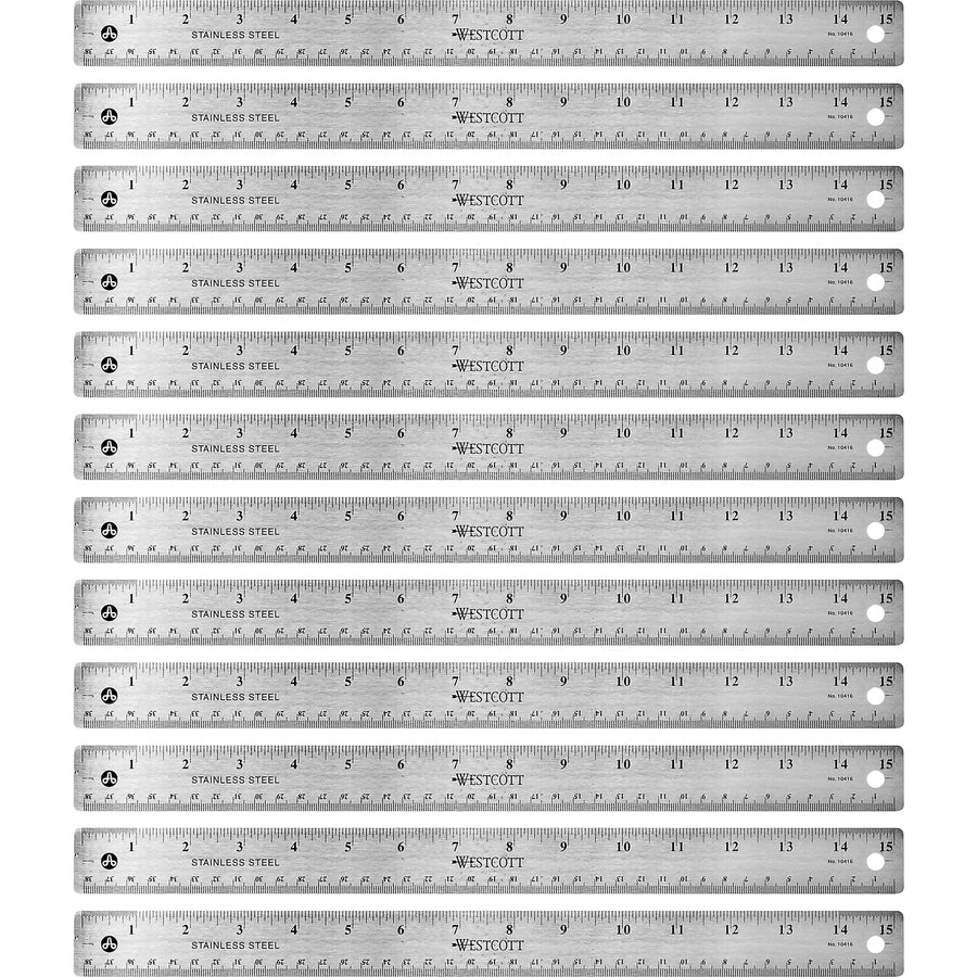 Westcott Stainless Steel Rulers - 15" Length x 1" Width - 1/16, 1/32 Graduations - Metric, Imperial Measuring System - Stainless Steel - Stainless Steel - 12 / Box