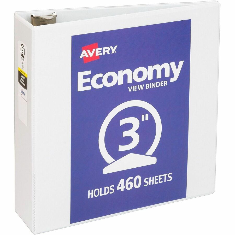Avery®, Economy View Binder - 3" Binder Capacity - Letter - 8 1/2" x 11" Sheet Size - 460 Sheet Capacity - 3 Ring - Fastener: Round Ring - Pocket: 2, Internal - Vinyl - White - 1.79 lb - Gap-free Ring, Rivet, Clear Overlay, Non Locking Mechanism - 4...